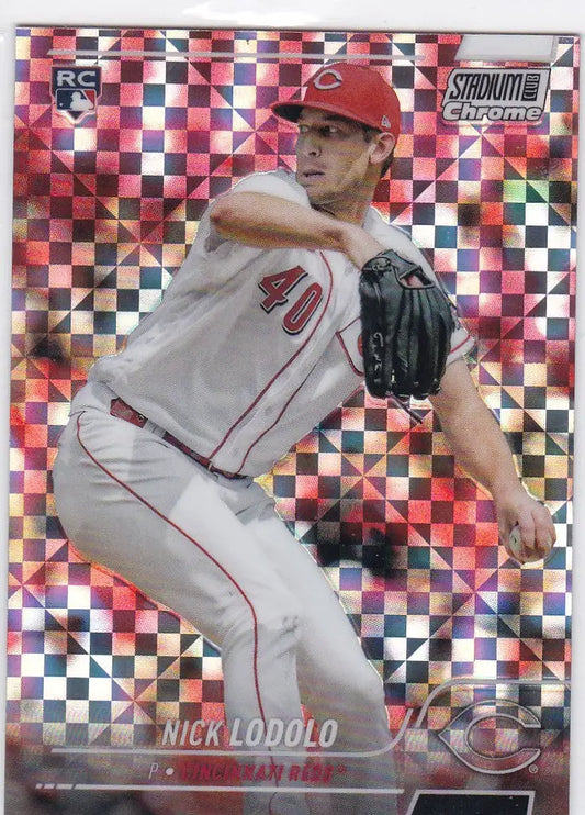 Baseball card of Nick Lodolo in mid-throw, featuring Topps Stadium Club Chrome Xfractor