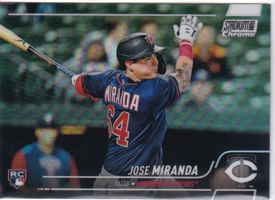 Baseball card of Jose Miranda swinging in navy uniform from Topps Stadium Club Chrome