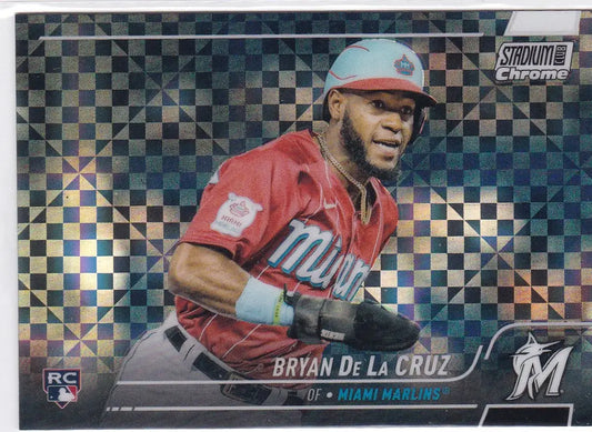 Baseball card of Bryan De La Cruz RC in red jersey and light blue cap, Topps Stadium Club