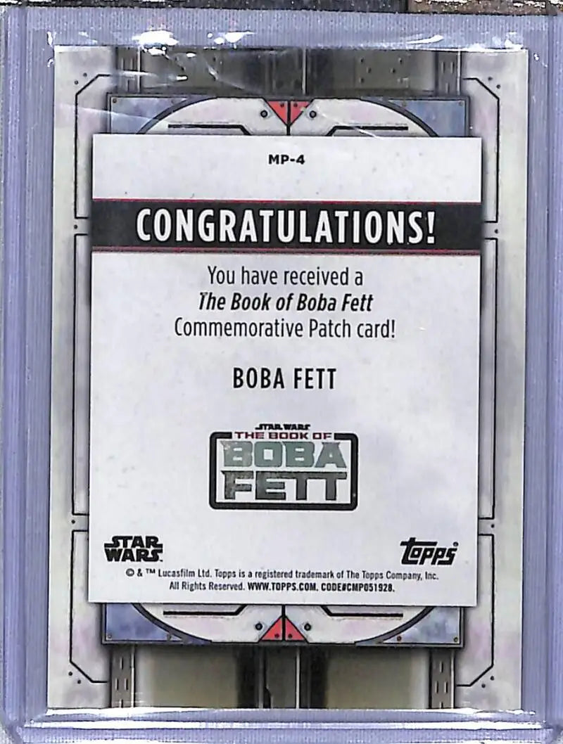 Commemorative Patch card featuring Boba Fett from Star Wars The Book of Boba Fett by Topps