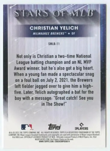 Baseball card back of 2022 Topps Stars featuring Christian Yelich with original gloss