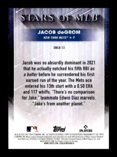 Back of 2022 Topps Stars of MLB Jacob deGrom card featuring original gloss design