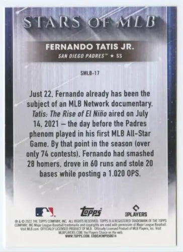 Fernando Tatis Jr. baseball card from 2022 Topps Stars with original gloss NM-MT Padres