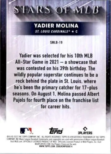 Yadier Molina baseball card from 2022 Topps Stars collection with original gloss finish