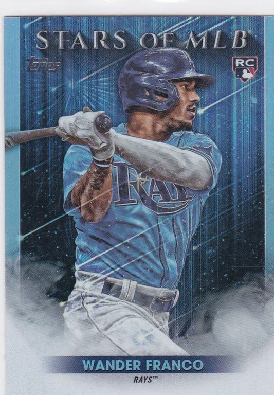 Baseball trading card of Wander Franco RC Tampa Bay Rays in batting stance from Topps Stars