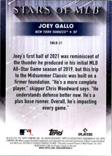 Joey Gallo 2022 Topps Stars of MLB card featuring original gloss, Yankees ID 44606