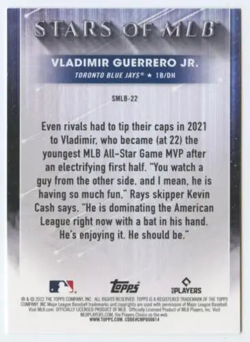 Baseball card back of 2022 Topps Stars Vladimir Guerrero Jr. with original gloss