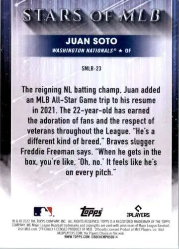 2022 Topps Stars of MLB Juan Soto baseball card with original gloss, NM-MT condition