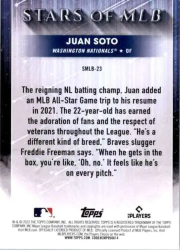 Juan Soto baseball card from 2022 Topps Stars of MLB featuring original gloss finish