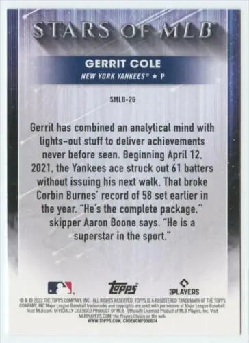 Gerrit Cole baseball card from 2022 Topps Stars of MLB featuring original gloss finish