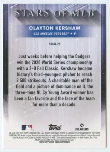 Clayton Kershaw 2022 Topps Stars of MLB card featuring original gloss, Dodgers collectible