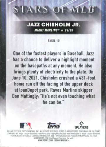 Baseball card back of 2022 Topps Stars featuring Jazz Chisholm, Miami Marlins