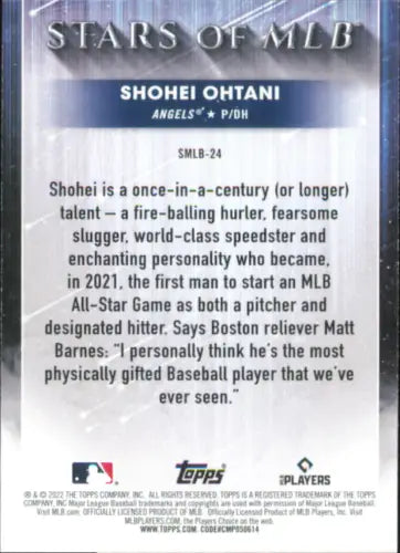 Back of 2022 Topps Stars of MLB Shohei Ohtani Los Angeles Angels baseball card