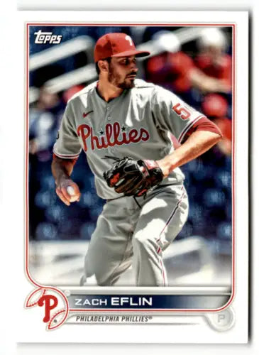 Baseball card of Phillies pitcher Zach Eflin in gray uniform from Topps Team Sets