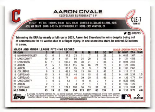 Aaron Civale MLB statistics on 2022 Topps Team Sets Philadelphia Phillies card