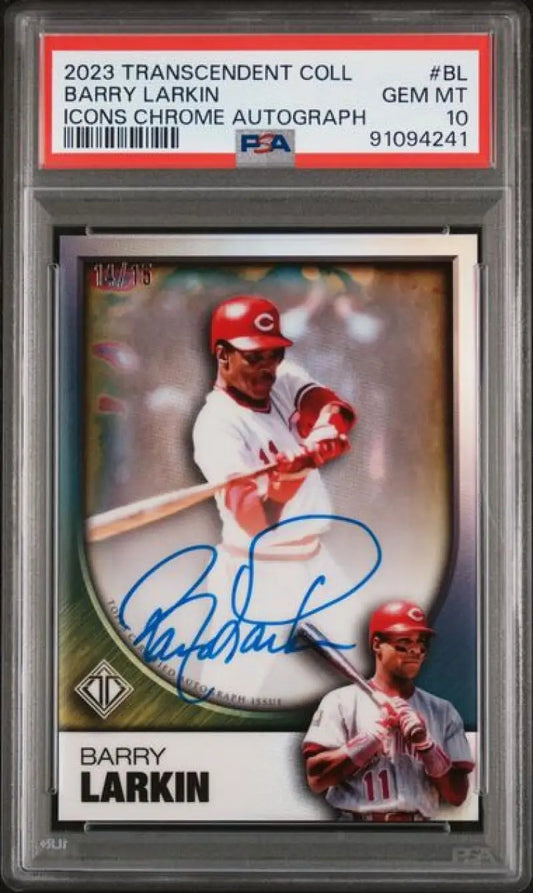 PSA-graded 2023 Topps Transcendent Icons Barry Larkin auto 14/15 Cincinnati Reds card