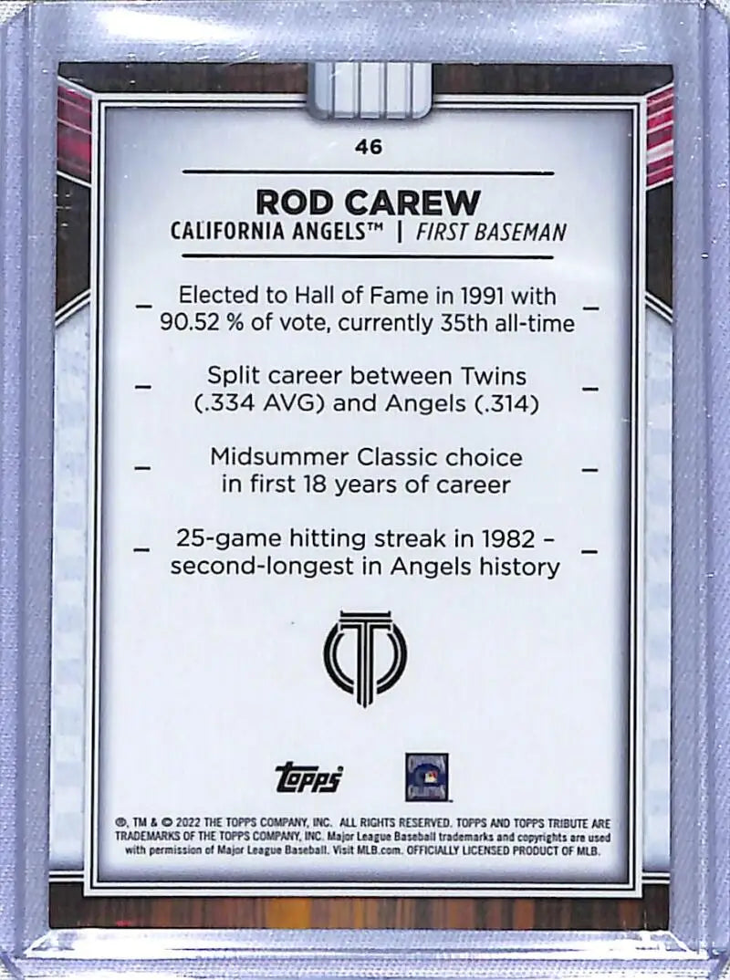 Rod Carew career statistics and achievements on 2022 Topps Tribute Baseball Card