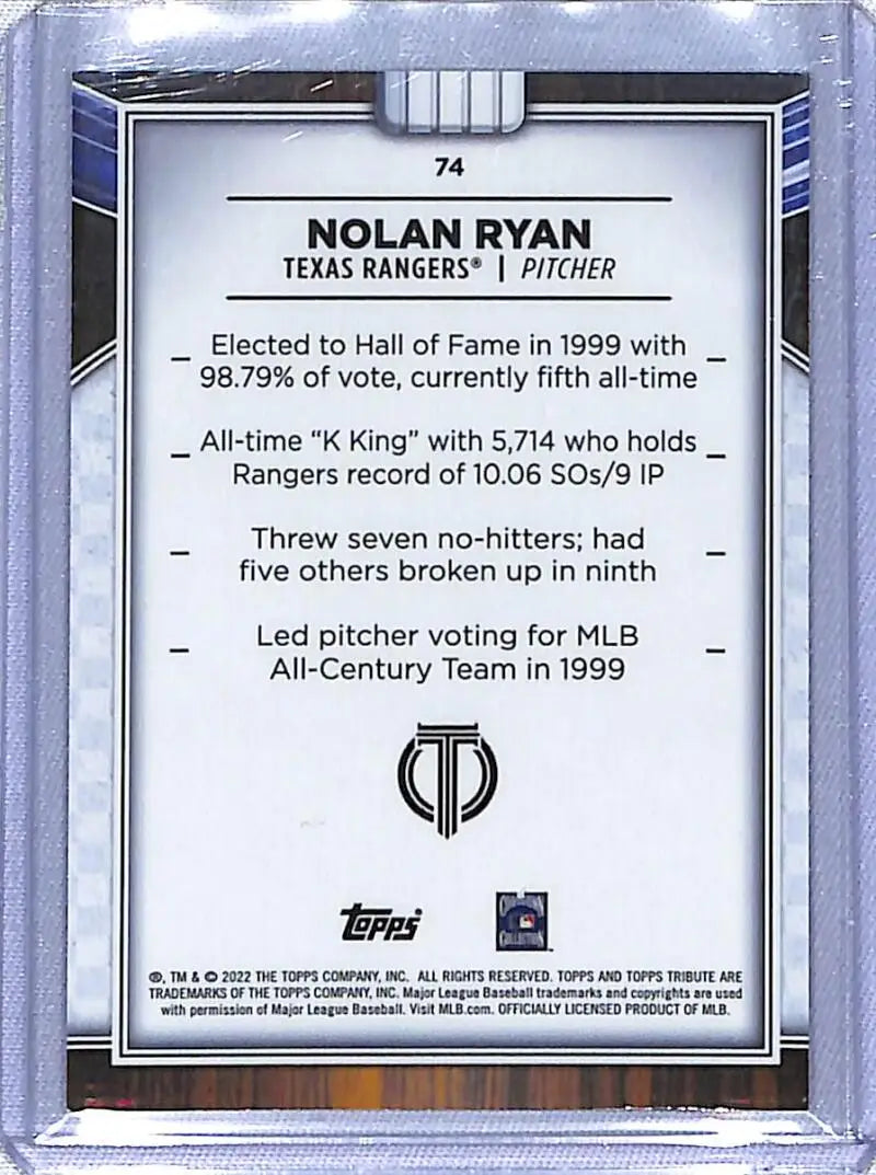 Nolan Ryan Texas Rangers Topps Tribute baseball card showcasing career statistics and achievements