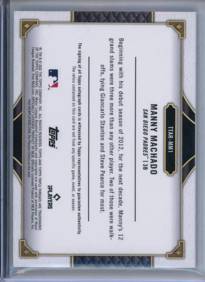 Back side of 2022 Topps Manny Machado San Diego Padres trading card with decorative border