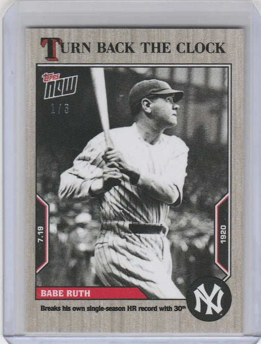 Baseball card of Babe Ruth Yankees in black and white from Topps Turn Back the Clock Ash Parallel