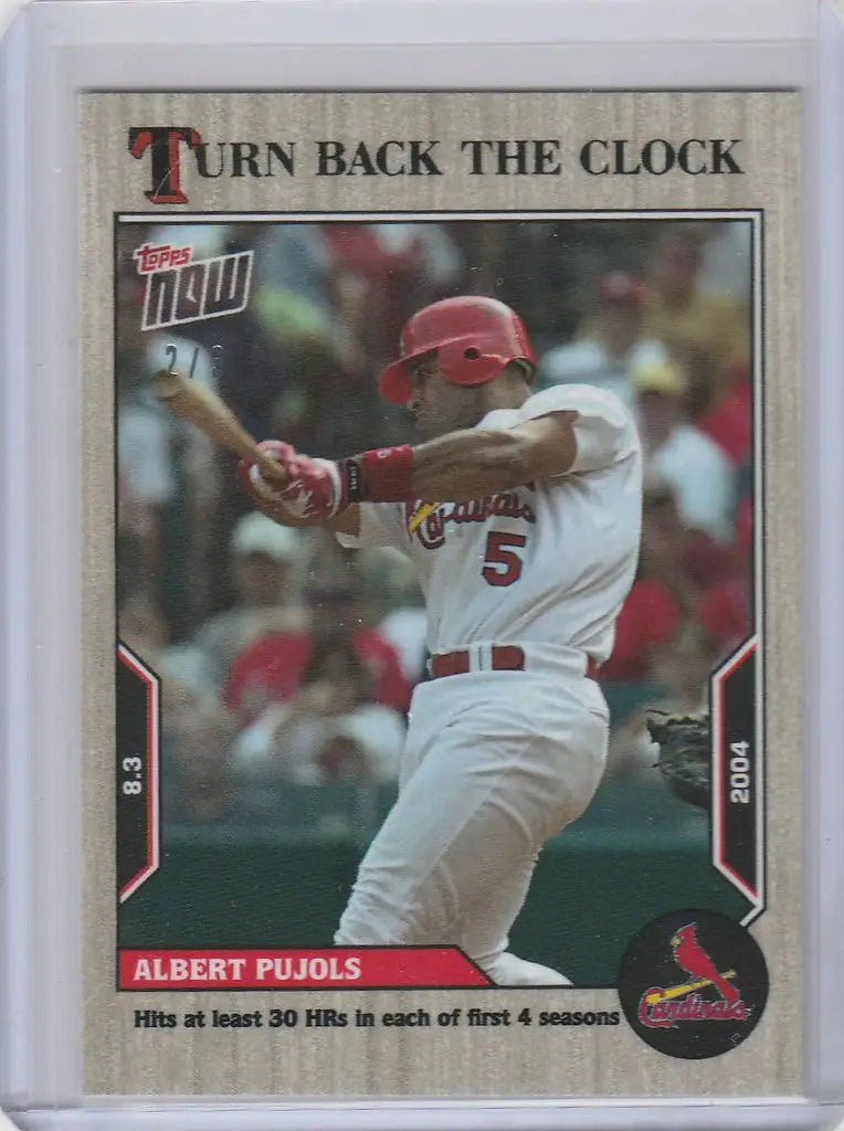 Baseball card of Albert Pujols mid-swing from Topps Turn Back the Clock Ash Parallel