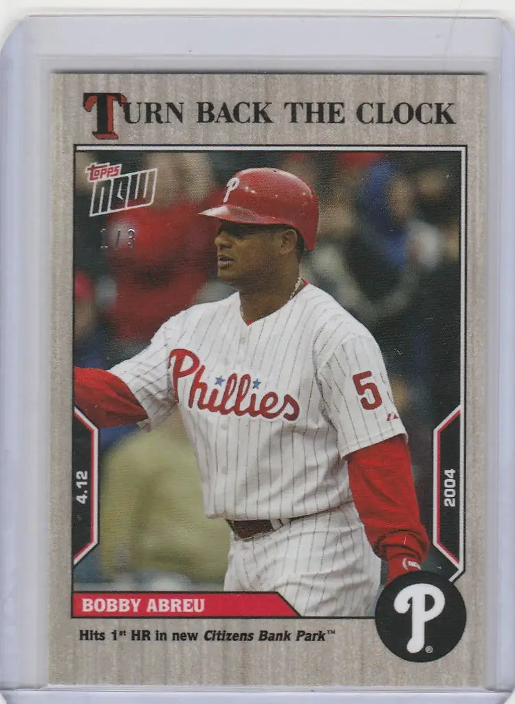 Baseball card of Bobby Abreu Phillies in a white uniform, Topps Turn Back the Clock Ash Parallel