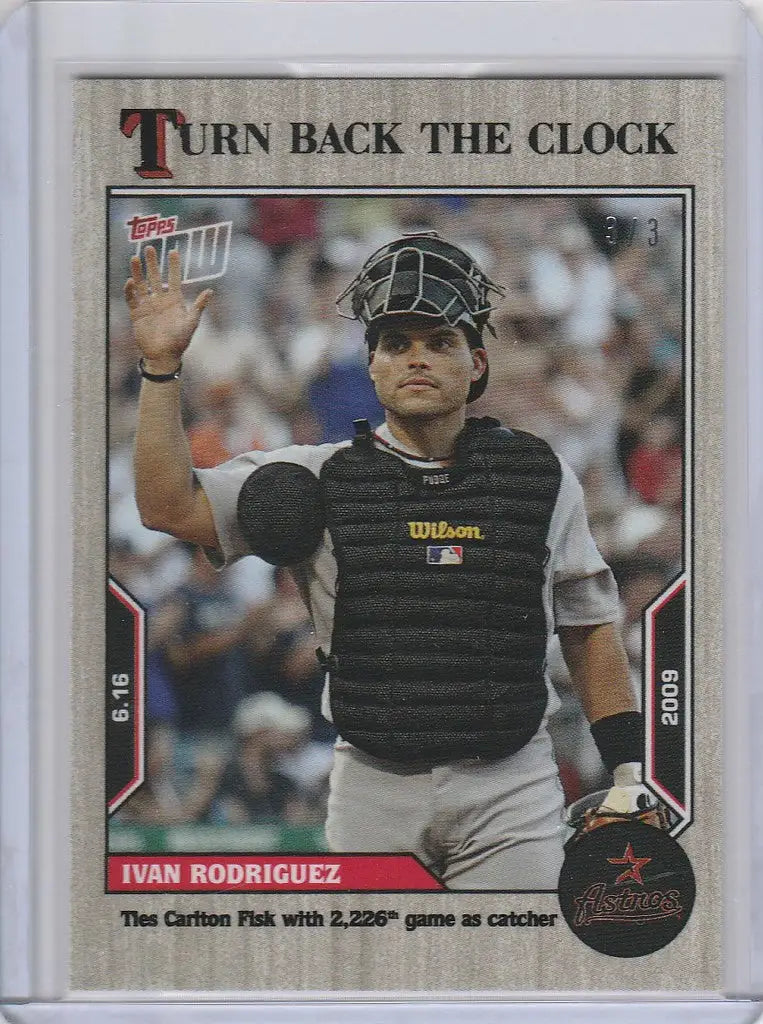 Baseball card of Ivan Rodriguez Astros in dark gear from Topps Turn Back the Clock Ash Parallel