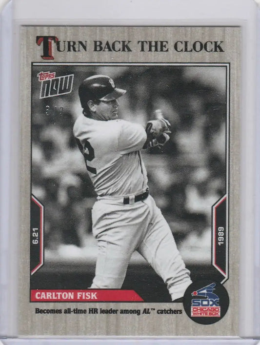 Baseball card of Carlton Fisk White Sox swinging bat in black and white from Topps Turn