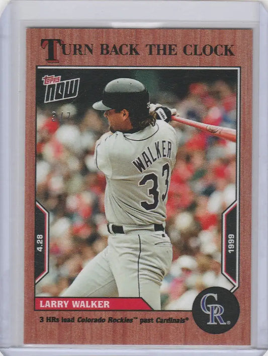 Baseball card of Larry Walker Rockies mid-swing from Topps Turn Back the Clock Cherry Parallel