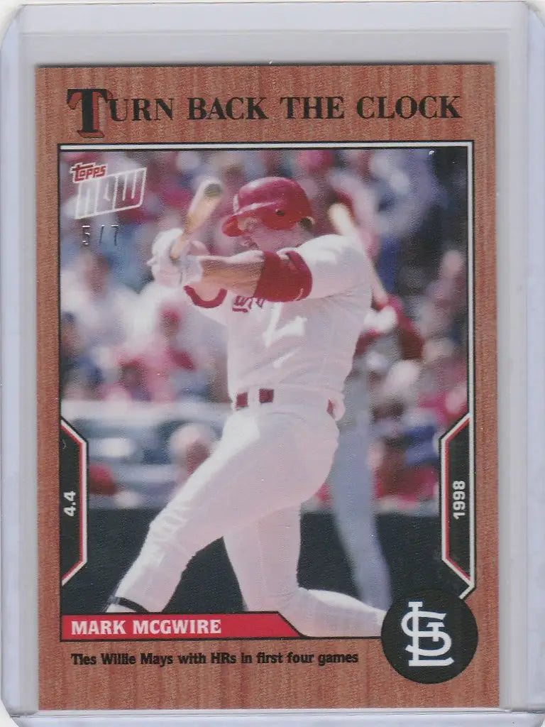 Baseball card of Mark McGwire mid-swing from 2022 Topps Turn Back the Clock Cherry Parallel