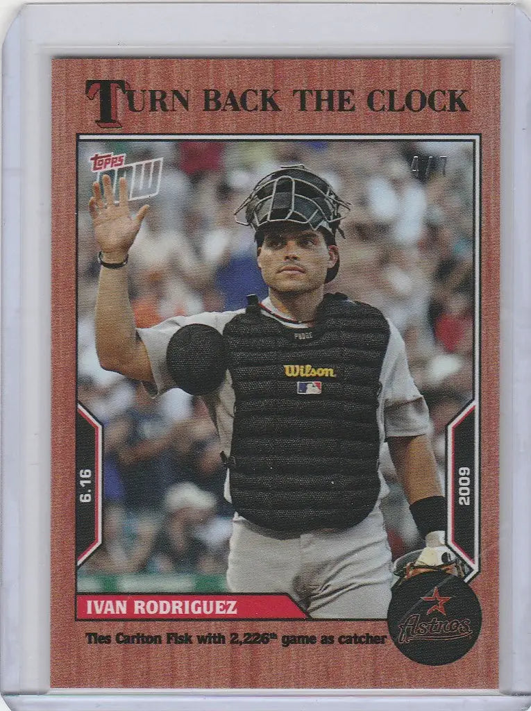 Baseball card of Ivan Rodriguez Astros in black chest protector, Topps Turn Back Clock Cherry Parallel