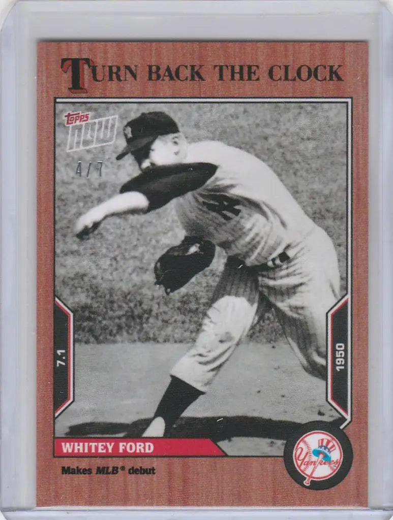 Baseball card of Whitey Ford Yankees in mid-throw from Topps Turn Back the Clock Cherry Parallel