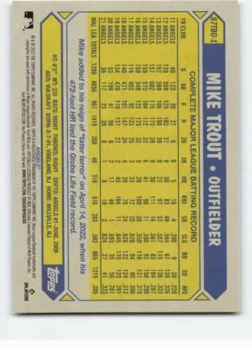 Mike Trout 2022 Topps Update 1987 Baseball card with original gloss, Angels ID 47350