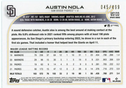 Back of 2022 Topps Update Austin Nola Green /499 San Diego Padres baseball card