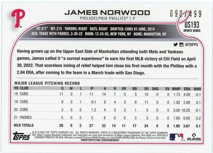 James Norwood Green baseball card from 2022 Topps Update Philadelphia Phillies MLB