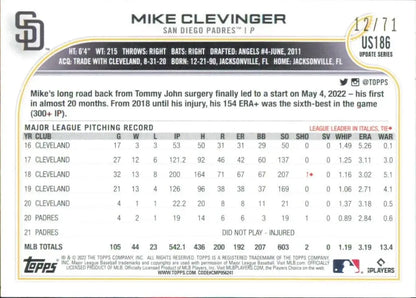 Mike Clevinger Black 2022 Topps Update card #186 San Diego Padres MLB collectible