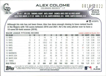 Alex Colome baseball card from 2022 Topps Update Series Colorado Rockies MLB collection