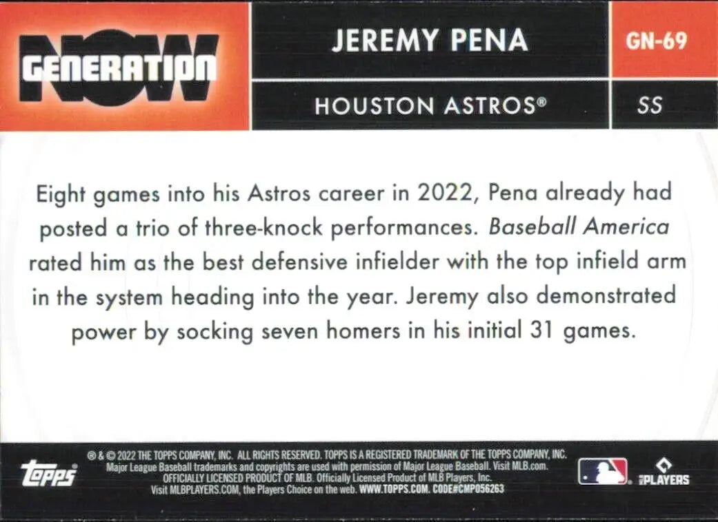 Baseball card back of 2022 Topps Update Series Jeremy Pena Rookie Houston Astros MLB