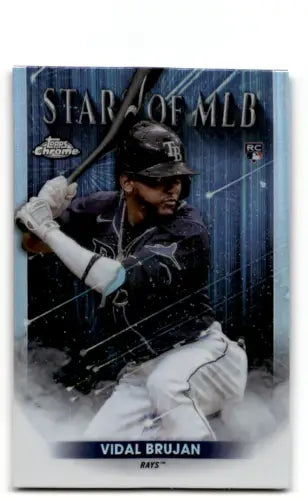 Baseball trading card of Vidal Brujan in dark uniform from Topps Update Stars MLB Chrome Refractor