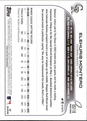 Baseball card back of 2022 Topps Update US110 Elehuris Montero Rookie Colorado Rockies