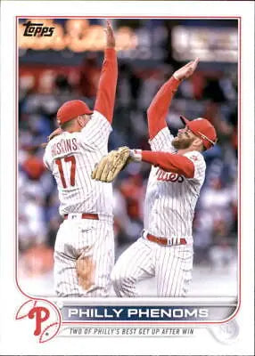 Baseball card of Rhys Hoskins and Bryce Harper celebrating from Topps Update collection