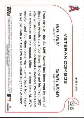 Back of 2022 Topps Update card featuring Shohei Ohtani and Mike Trout Los Angeles Angels