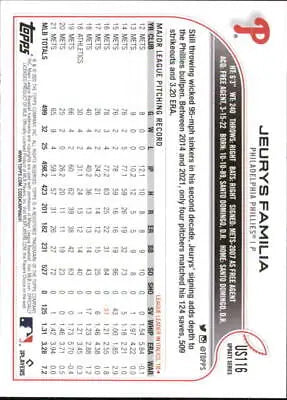 Back view of 2022 Topps Update Jeurys Familia Philadelphia Phillies baseball card