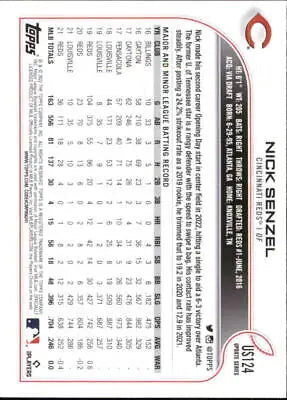 Baseball card back of 2022 Topps Update US124 Nick Senzel Cincinnati Reds MLB card