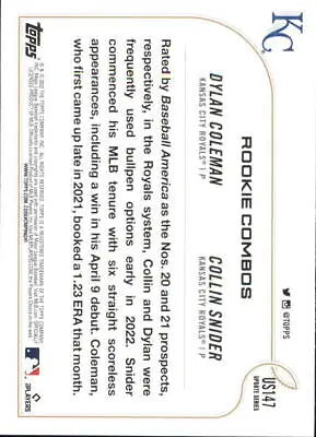 Baseball card back of 2022 Topps Update Collin Snider Dylan Coleman Rookie Royals Card