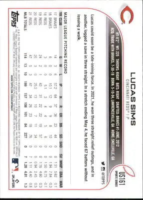 Back of 2022 Topps Update #US161 Lucas Sims Cincinnati Reds Baseball Card MLB NM-MT