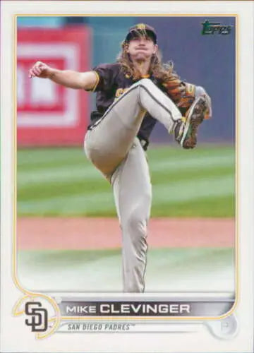 Baseball card of US186 Mike Clevinger in mid-delivery motion for Topps Update