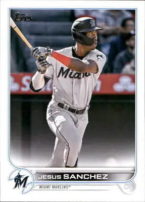 Baseball player Jesus Sanchez swinging bat on 2022 Topps Update US197 card