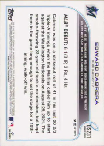 Back side of 2022 Topps Update US231 Edward Cabrera card with MLB logo and original gloss