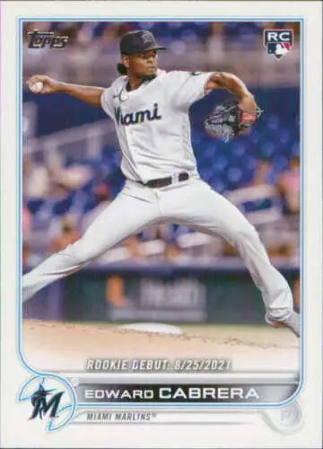 Baseball card of US231 Edward Cabrera in mid-throw for Topps Update with original gloss